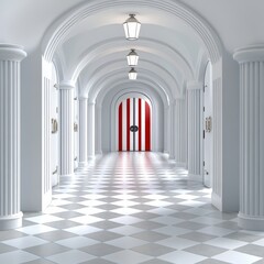 Obraz premium Long White Hallway with Red and White Striped Door