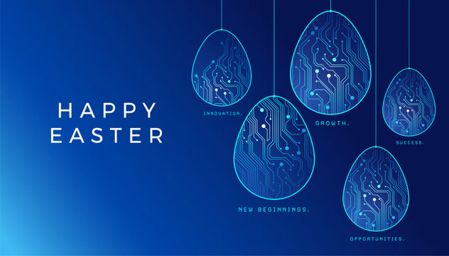 Happy Easter technology greeting card - hanging digital Easter eggs with circuit board pattern as growth and renewal concept - abstract blue vector background for Easter business social media template