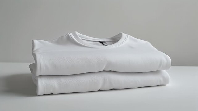 A neat stack of two crisp, white, blank t-shirts, freshly folded and ready for print, design, or everyday use, presented on a minimalist light background
