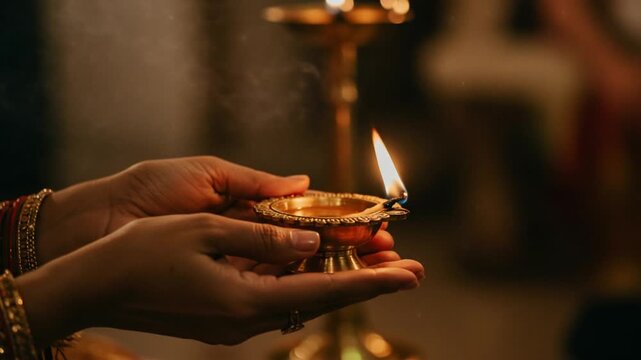 Holding a Lit Oil Lamp During Traditional Ceremony Close Up