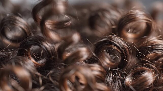Close up of lustrous brown curly hair with soft focus and shimmering highlights suggesting health and vitality ideal