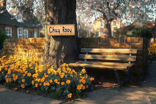sunlit wooden bench beside a tree with a chuy rooy sign, yellow flowers, brick wall and spring blossoms in a peaceful neighborhood scene