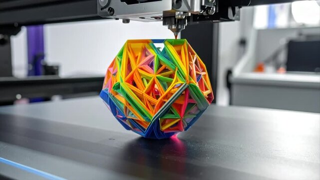 3D printer building a complex geometric shape with vibrant colors