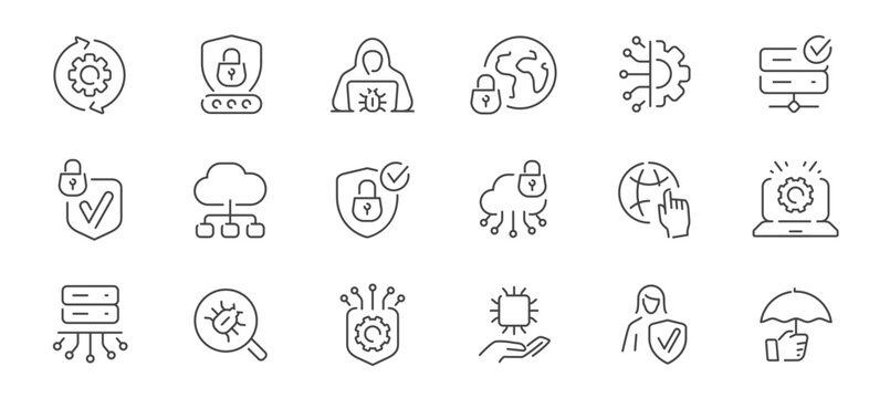 Cybersecurity and data protection line icons set, cloud and network security