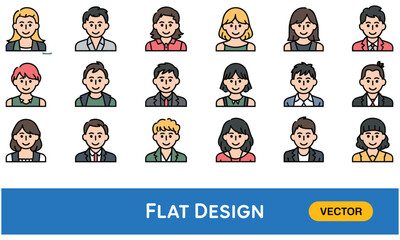 Collection of diverse cartoon avatars in various outfits and hairstyles showcasing flat design elements and vector graphics for creative projects and digital media.