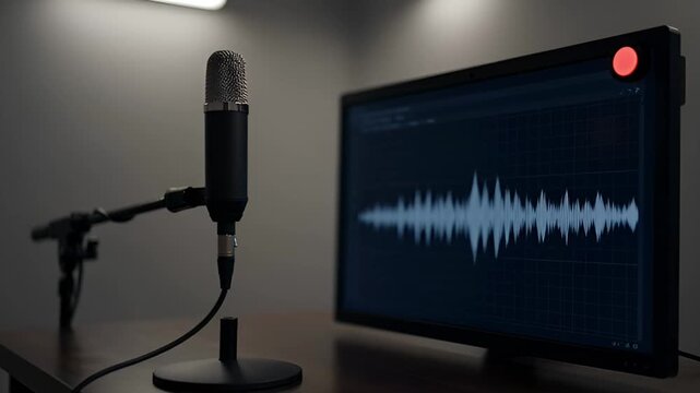 Audio recording equipment close up microphone and computer monitor displaying waveform
