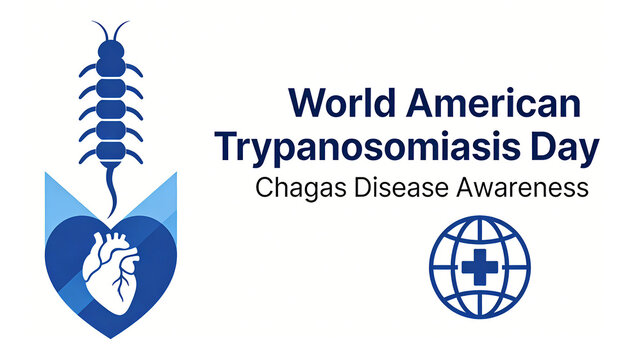 The icon of Trypanosoma and the heart wrapped in Blue Heart, awareness of Trypanosoma in the Americas, protection of heart health, and promotion of World Chagas Day.
