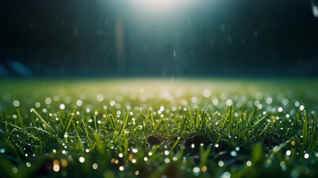 Close Up Of Green Grass In The Rain On Stadium Pitch At Night