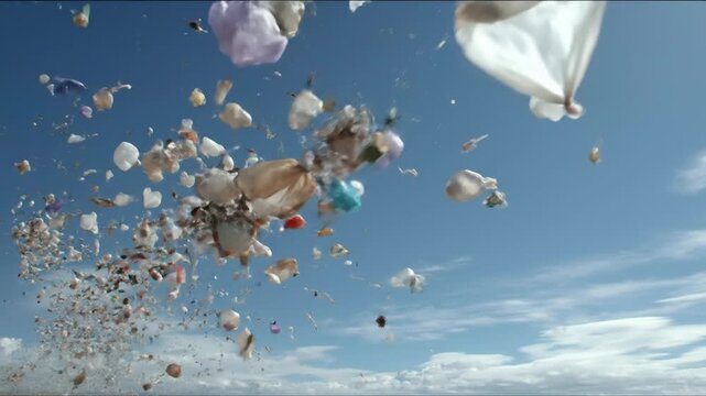 Poor kid portrait in gloomy slum background concept. Plastic bags flying in the sky pollution environmental problem waste and contamination concept