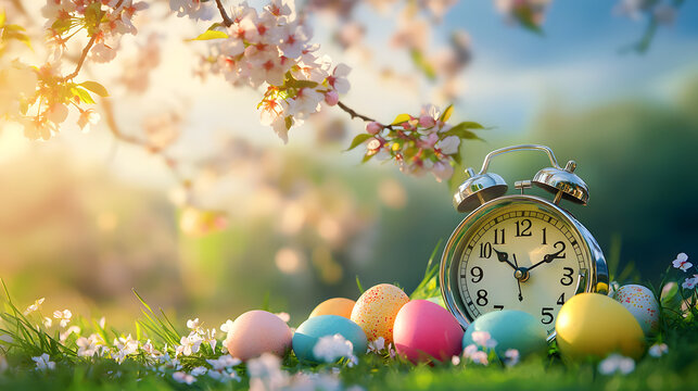 A table clock next to Easter eggs in a green meadow with blossoming trees&mdash;a countdown to the holiday, a spring banner