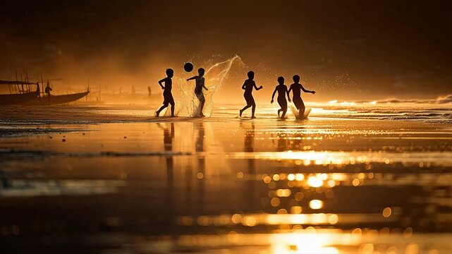 Children playing soccer on beach at sunset