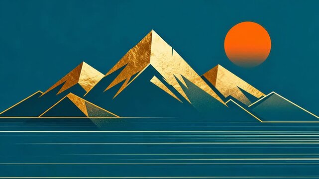 Golden mountains and orange sun