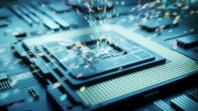 Close-up of a central processing unit (CPU) with glowing blue particles emanating from it, symbolizing advanced technology and data processing capabilities