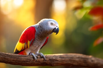 Majestic African Grey Parrot Perched Gracefully on a Dry Tree Branch During Sunset