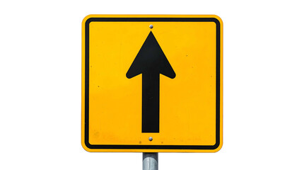 A yellow road sign with a black arrow pointing directly up