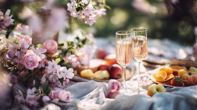 elegant spring picnic setup in a blooming May park with pastel flowers and champagne, romantic outdoor celebration in a sunlit garden, luxury picnic decor with fresh fruit and blossoms