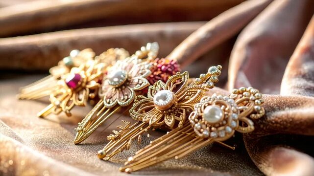A close-up showcases ornate, golden hair combs with jewels, pearls, and a luxurious velvet backdrop