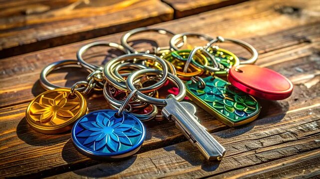 A collection of decorative keychains with intricate designs and keys on a wooden surface