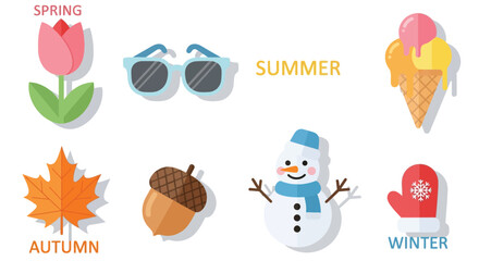 Fototapeta premium Flat design icons representing the four seasons: spring with a tulip, summer with sunglasses and ice cream, autumn with a maple leaf and acorn, and winter with a snowman and mitten.