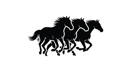 Horses running in a group with flowing manes and tails silhouette featuring black, white, equine with animals and wildlife elements for racing, galloping projects, clean composition on simple © Harry 