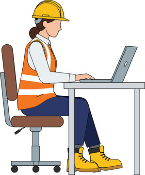 Professional female civil engineer or construction architect wearing yellow hard hat and safety vest working on laptop at desk side view flat vector illustration