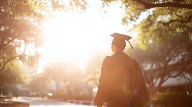 graduate walking forward confidently in cap and gown during a sunlit graduation ceremony, back view of student in academic regalia at commencement, future and achievement concept for graduation