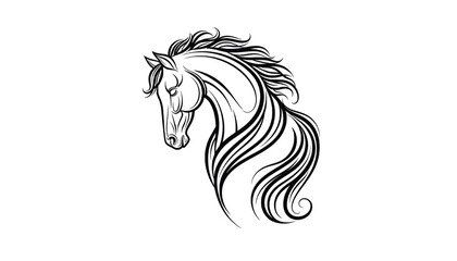 Horse head illustration with flowing mane and abstract lines, black and white design featuring graphic, animal, equine with hair and style elements for silhouette, vector projects, clean composition © Harry 