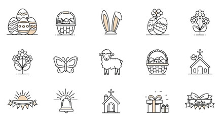 A collection of minimalist line art icons depicting various Easter symbols including decorated eggs, bunny ears, flowers, a lamb, churches, and festive elements. © Terra