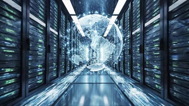 Futuristic server room with glowing lights and global data streams in 4K resolution, featuring cinematic slow camera movement for modern technology visuals.