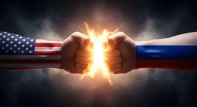 Fists of usa and russia in confrontation with sparking tension