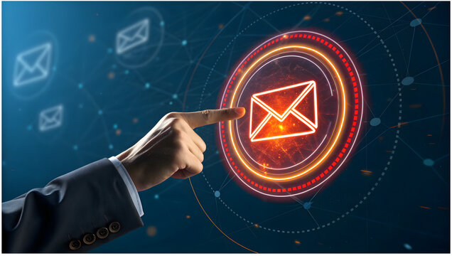 Businessman Touching Glowing Virtual Email Icon with Digital Communication Network Interface and Data Hologram