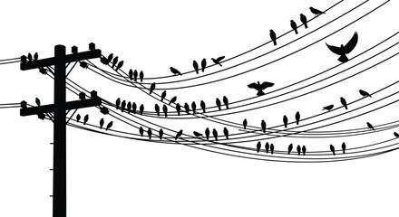 Black and white silhouette illustration of utility pole with birds perched on power lines, artistic vector resembling musical notes, urban wildlife scene for creative design projects
