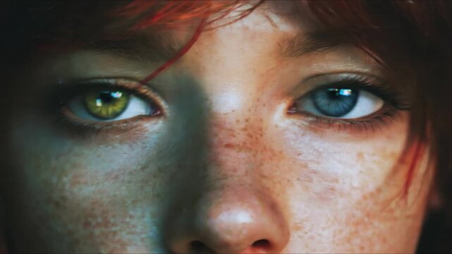 Mosaic of faces morphing men and women concept. Close-up artistic portrait of a person with digital glitch effect over eyes symbolizing technology and identity