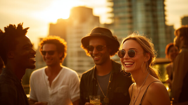 stylish young adults laughing at a sunset rooftop party, diverse group of friends enjoying golden hour drinks with city skyline background, vibrant urban lifestyle and social gathering