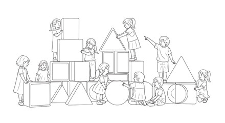 Obraz premium Children playing with large geometric building blocks, stacking cubes, triangles and circles into castle shapes, teamwork and learning concept, black and white line art illustration
