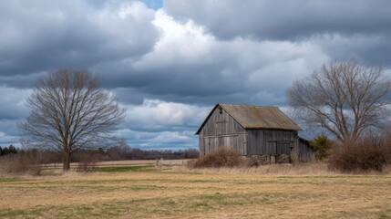 Obraz premium Rustic Wooden Barn on a Grassy Field Under Dramatic Cloudy Sky in Rural Landscape