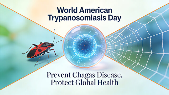 The cone hunting bug, pathogen, and protective net represent the prevention and control of Chagas disease, global health protection, and the promotion of World Trypanosoma Day in the Americas.
