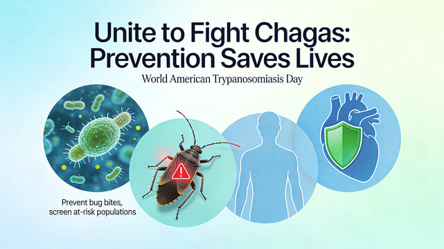 The warning cone hunting bug, human body contour and shield heart, prevention, screening and heart protection of Chagas disease, and prevention and control of World Trypanosoma Day in the Americas.
