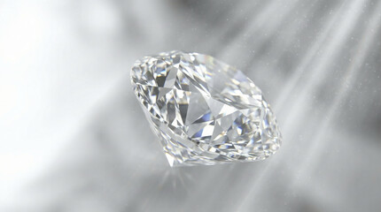 Luxury diamond gemstone with soft light rays and particles, elegant jewelry background.