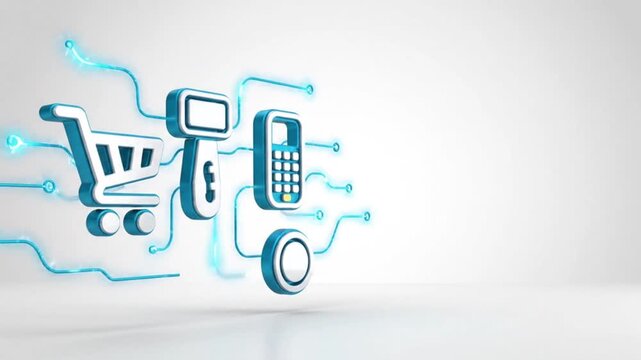 Animated E-Commerce Icons Connected by Glowing Digital Circuit Lines
