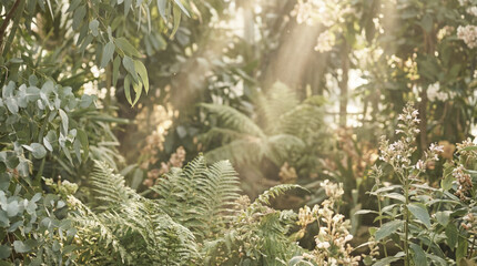Sunlight rays in lush green forest with plants, natural wellness background.