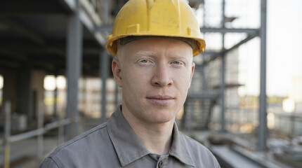 Construction engineer wearing safety helmet at industrial site, professional worker portrait.