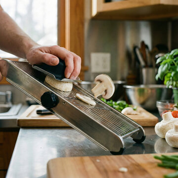 An organic white mushroom being sliced by a mandoline slicer