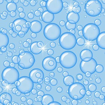 Seamless pattern soap bubbles, azure cerulean white palette, glossy water liquid texture, infinite background
