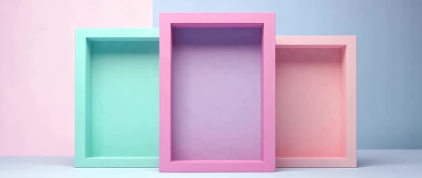 Three colorful pastel display boxes in pink purple and mint green against  soft