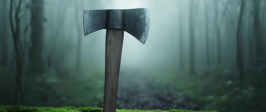 Double bladed axe stuck in mossy ground in  dark misty forest landscape