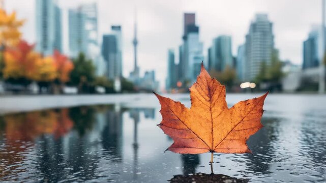 Single orange autumn maple leaf rests on wet pavement with blurred city skyline backdrop