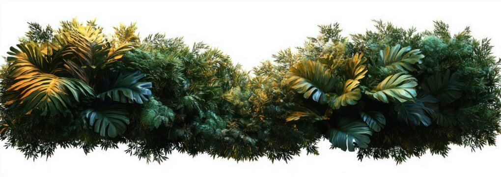 Lush horizontal band of tropical foliage with large split leaves and dense ferns, vibrant deep greens and golden highlights conveying a calm, fresh, restorative mood