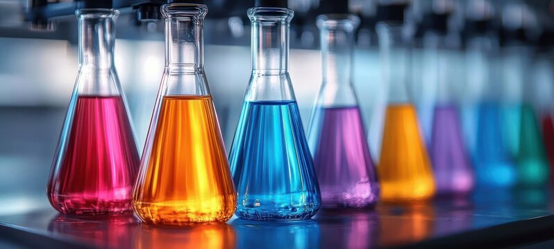 row of colorful erlenmeyer flasks with vibrant pink, orange, blue and purple liquids on reflective laboratory bench conveying scientific curiosity