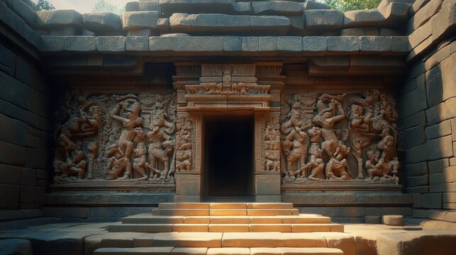 Sunlit ancient stone temple entrance with intricate bas-relief sculptures flanking a dark doorway and worn steps, evoking mystery and reverence